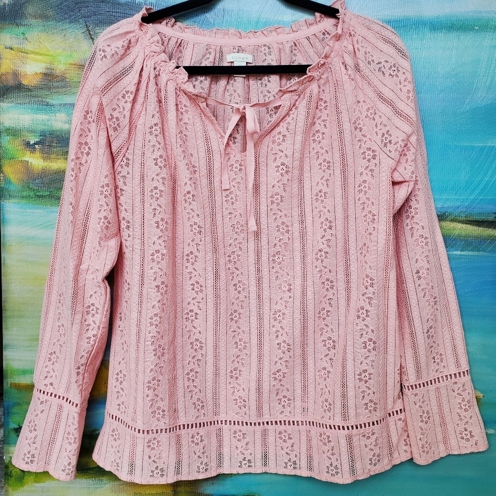 Hinge Lace Long Sleeve Romantic Tie Front Blouse